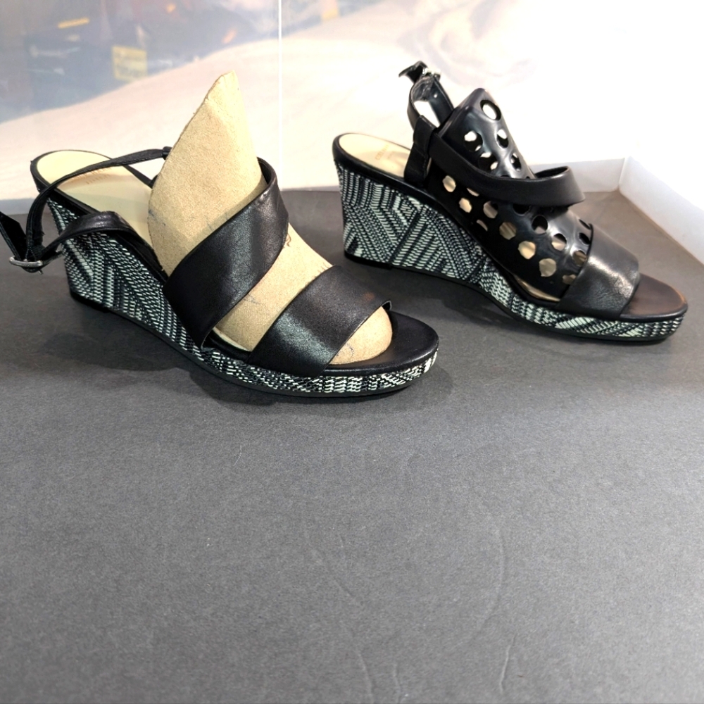 Cole Haan Ravenna 8 black leather slingback wedge .5"-2.5"‎ woven platform heels